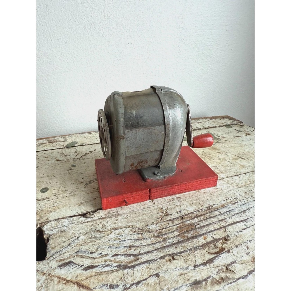 Vintage Pencil Sharpener on Wooden Base Metal Red Manual Desk Accessory - Picture 2 of 9